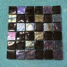 Glass Mosaic Tile Sheet Black Iridescent Multicolor Square Decorative Tiles