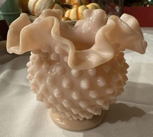Fenton Pastel Opaque Pink Art Glass Hobnail Ruffled Crimped Rose Bowl Vase HTF