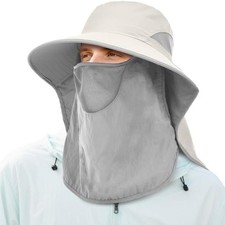 Men Women Wide Brim Fishing Ponytail Sun Hat with Removable Face One Size Beige