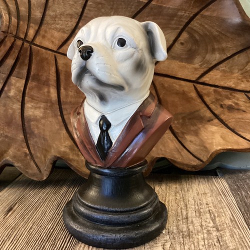 BullDog bust white black wearing tie resin dog lover gift Red Jacket Desk Decor - Picture 4 of 9