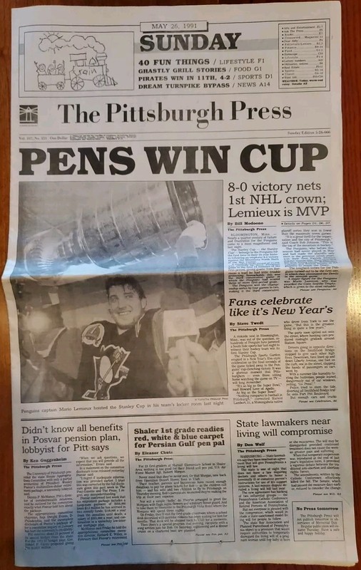 PENGUINS 1991 STANLEY CUP CHAMPS PITTSBURGH PRESS NEWSPAPER - MARIO LEMIEUX