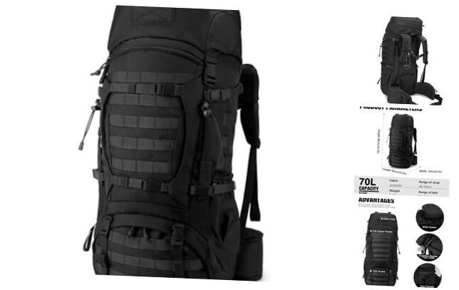 70L Tactical Camping Hiking Travel Backpack with Internal Frame Black