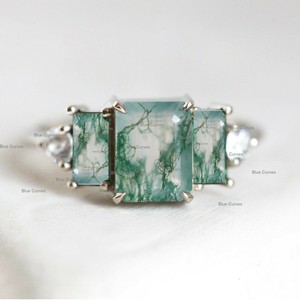Unique Baguette Moss agate With Diamond Ring 14k White Gold Fine