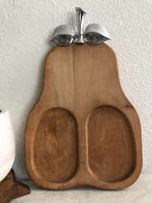 Vintage Pear-Shaped Wood & Pewter Stem Cheese Board Snack Tray Serving Platter