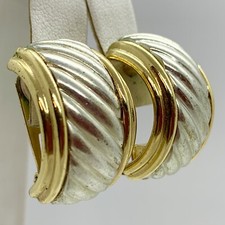 VTG EARRINGS HOOPS LARGE CHUNKY TWO TONE GROOVED WIDE CLIP SHINY METAL