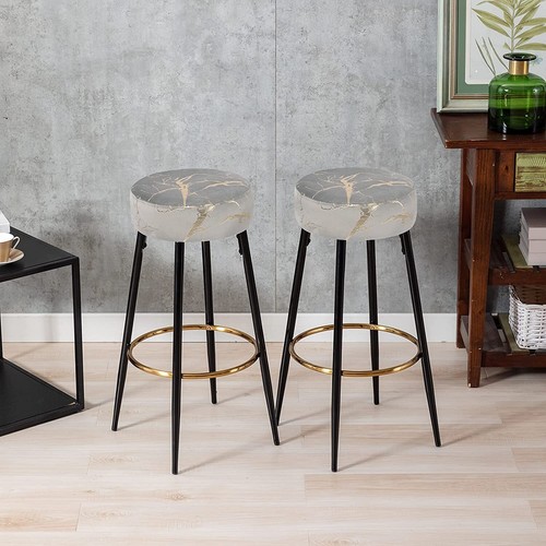 Modern Bar Stools Set of 2 Bar Height Barstools Round Velvet Kitchen Stools - Picture 4 of 35