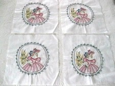 Vtg Parasol Sunbonnet Lady Quilt Squares 4 Embroidered Flower Girl Belle Sue