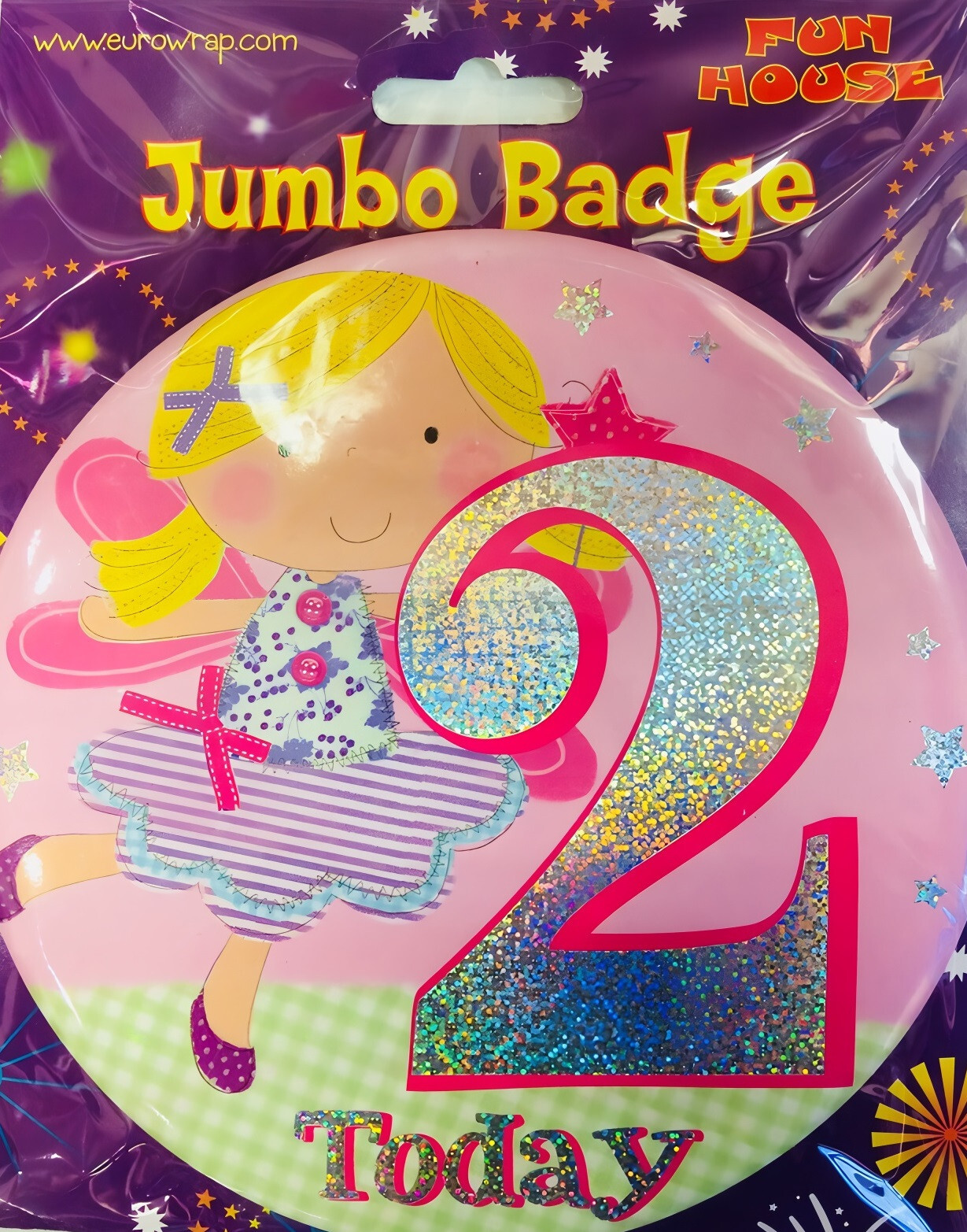 Fun House Jumbo “2 Today” Celebration Badge – Giant Glitter Jumbo Pin for Birthd