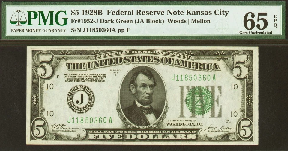 1928B $5 Federal Reserve Note PMG 65EPQ - Redeemable in Gold - Fr 1952-J - Image 2 of 3