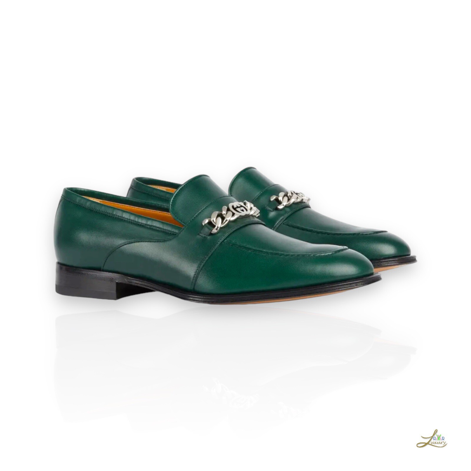 Gucci Interlocking G Green Leather Loafers Chain Detail EU 42.5