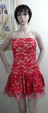 BLONDIE NITES by STACY SKLAR strapless beige w red floral lace bow side dress,7