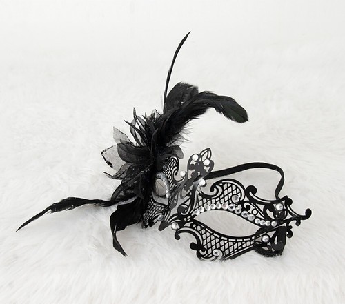 SN-G6-2Luxury Black Masquerade Venetian Style Metal Mask w/ Feathers Rhinestones - Picture 7 of 13
