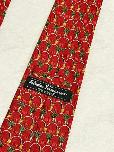 Salvatore Ferragamo Vintage Silk Tie Red Palm Trees Tropical Arch Pattern Italy - product listing photo
