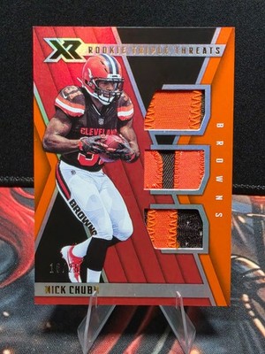 2018 Panini XR Rookie Triple Threats Materials /25 Nick Chubb #TTM-13 RC