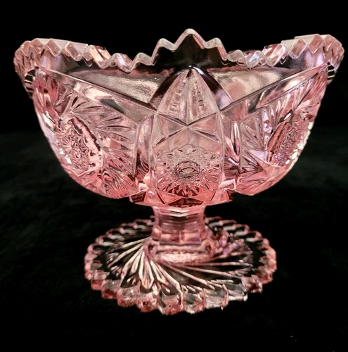 Vintage Heavy PINK Depression Cut Glass Pedestal Bowl/Candy Dish Geometric Desig