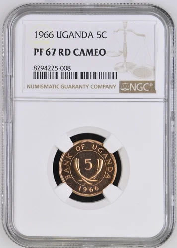 1966 Uganda 5C Cents Bronze Non-magnetic NGC PF 67 RD Cameo