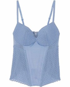 La Perla Greta 36B L Bustier Thong Panty Set Stretch Satin Tulle Blue