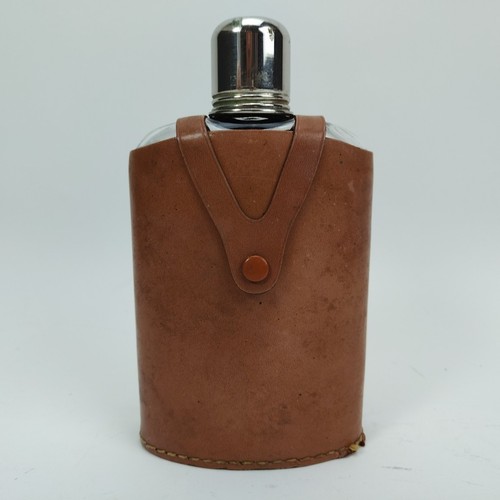 Vintage Rumpp Glass Flask Drinking Bottle with Leather Case & Metal Shot Cup