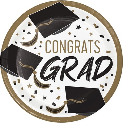 Golden Grad 9-inch Plates Paper 8 Per Pack Graduation Party Tableware Supplies