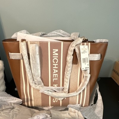 Michael Kors Carmen Large Belted Tote Striped Brown Beige White Logo Accent
