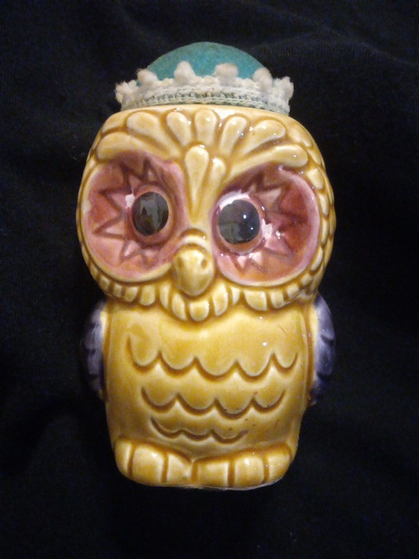 Vintage Owl Pin Cushion With Tape Measure 4 1/2 “ Good Condition 