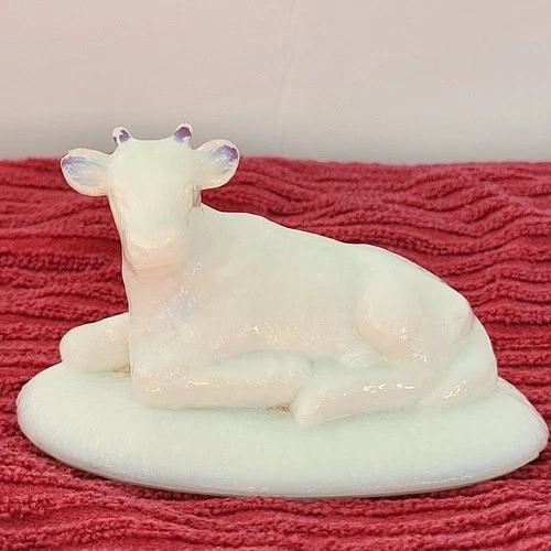 Vintage Calf Figurine of Milk Glass Laying Down 2.5 Tall x 4 L X 2.25" W Cow Hor