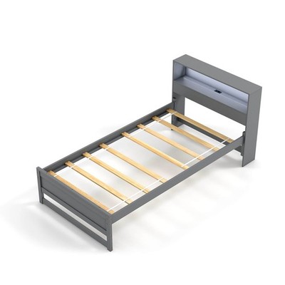 Twin Size Wooden Bed Frame w/ Charging Station & LED Light Storage Headboard