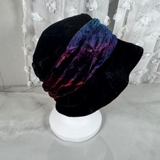 Vintage Black Velvet Hat Rainbow Band 90s Y2K Lord  Taylor Rayon Silk Italy