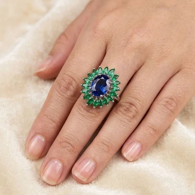 Bagues ovales ovales en argent sterling 925 saphir bleu vif classique de 4,70... - Photo 1/4