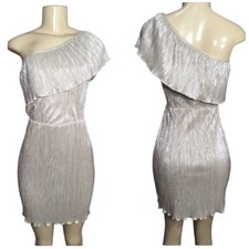ASOS Women's Dress Size 6 One Shoulder Ruffle Champagne Silver Metallic Cocktail