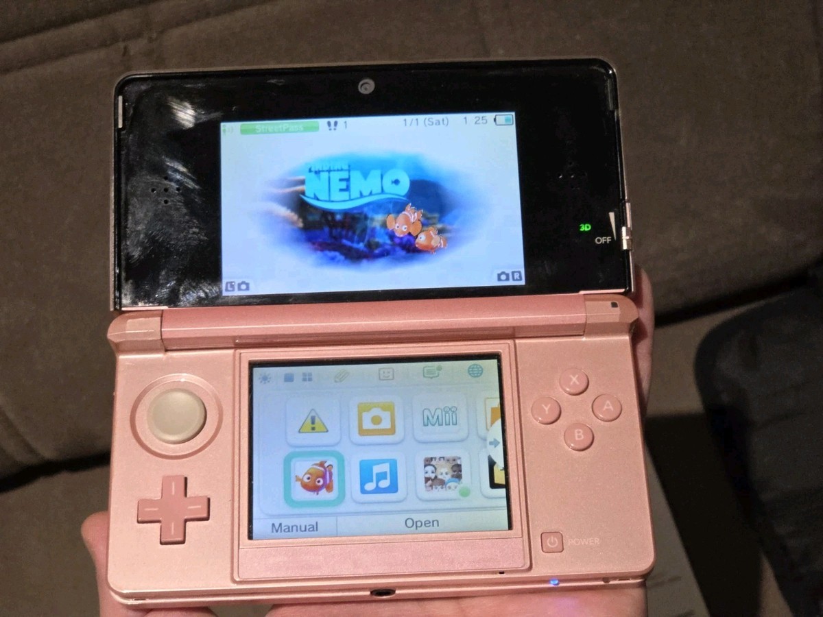 Nintendo 3DS Pearl Pink Handheld Console Bundle w/ Finding Nemo