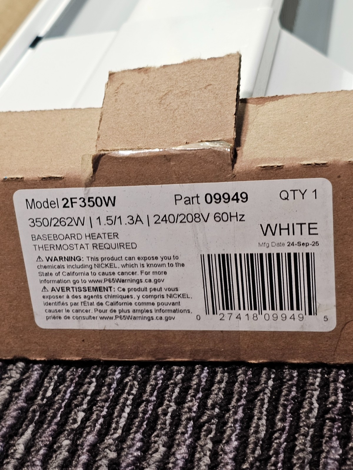 Cadet 2F350W F Series 24" Electric Baseboard Heater 1195/895 BTU, 240/208 Volt