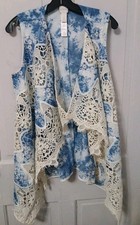 Chico's Women's Blue And White Crochet Open Long Vest Sz 2