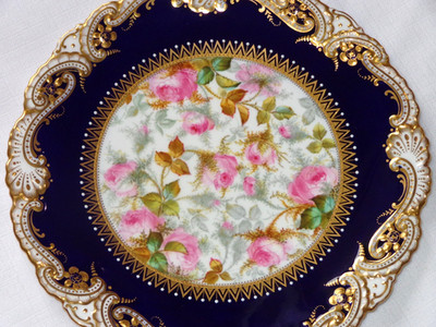 Outstanding Copelands Jewelled Porcelain Cobalt & Gold w/ Scroll 9'' Plate (B)