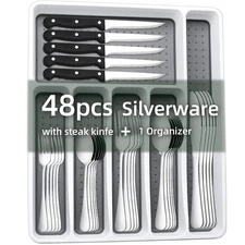 49-Piece Silverware Set with Organizer, Stainless Steel Flatware Cutlery Set ...