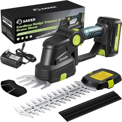 Saker Cordless Hedge & Grass Trimmer (20V), Handheld w/Battery & Charger