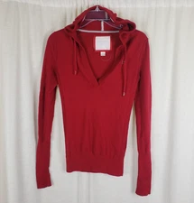 AE American Eagle Y2K Red Angora Lightweight Hooded Knit VNeck Sweater Womens S