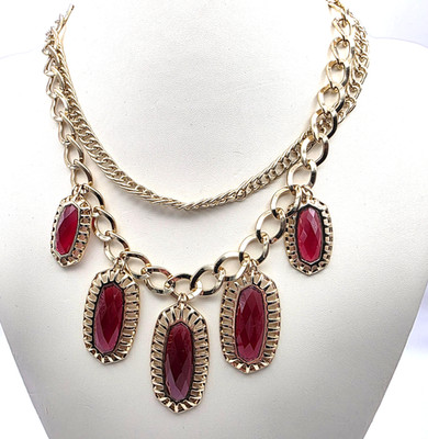 Red Statement Bib Necklace Chunky Gold Tone Vintage Acrylic Pendant Park Lane