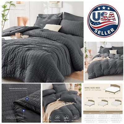 Romantic Dark Grey King Size Comforter Set with Seersucker Texture - 7 Pieces