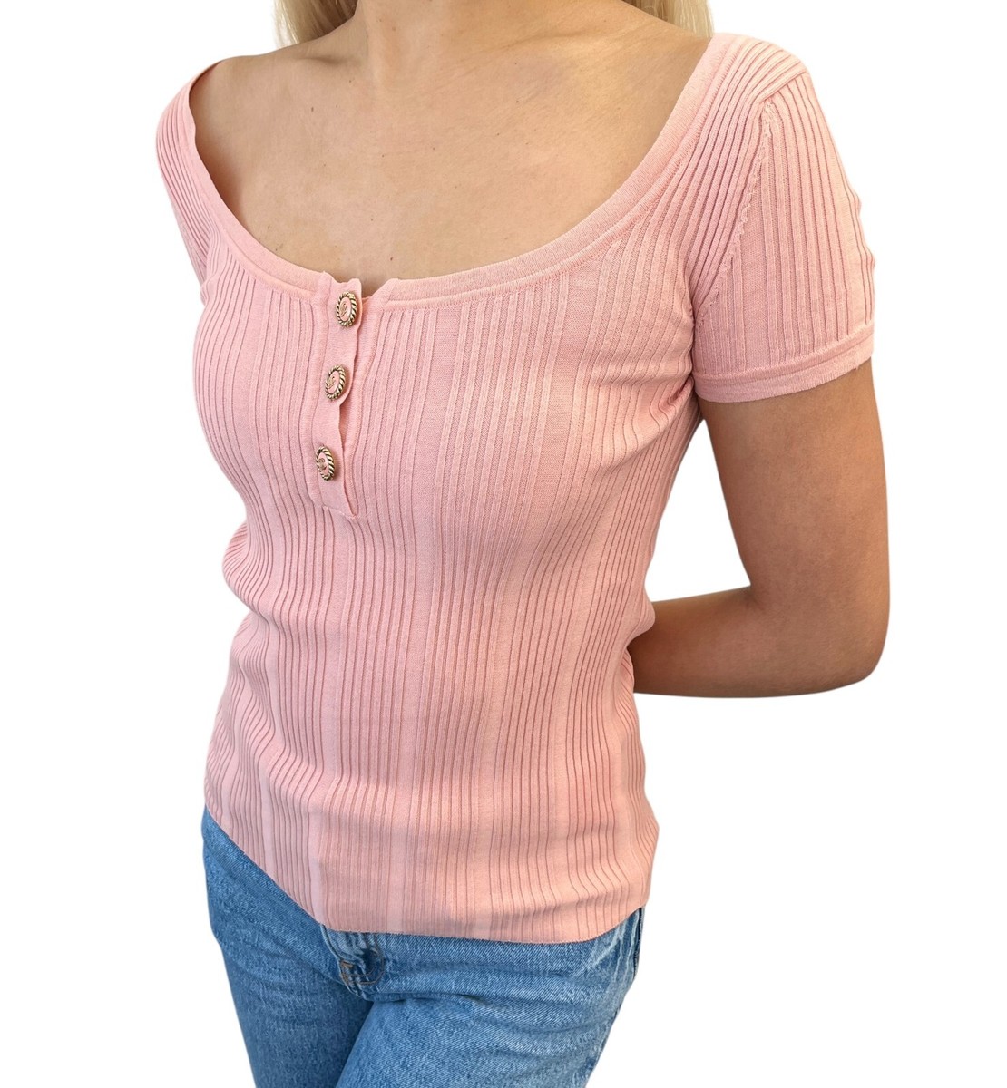 CHANEL Vintage 07P CC Mark Logo Rib Knit Top #S Pink Gold