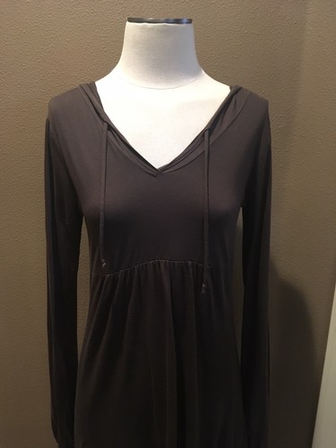 Michael Stars O/S S/M Brown Jersey V Neck Hooded T Shirt Dress W Long Sleeves - Picture 3 of 7