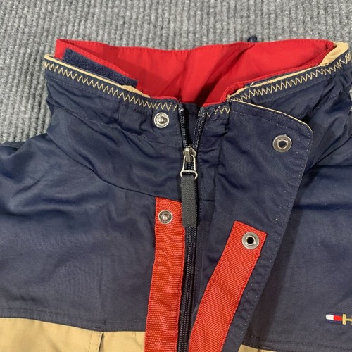 VTG Tommy Hilfiger Jacket Mens L Beige Full Zip Pockets Hooded Fleece Lined Y2K - Picture 3 of 18