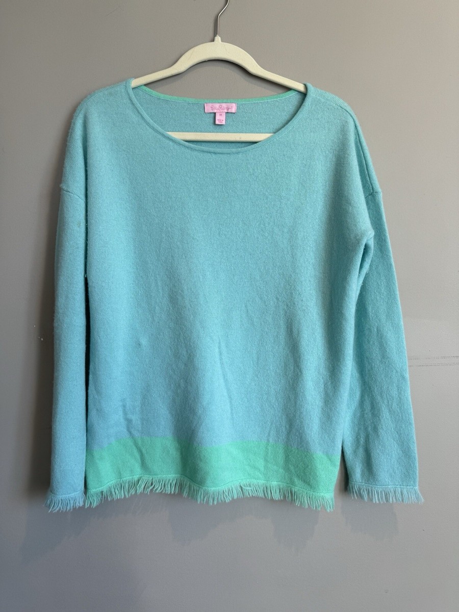 Lilly Pulitzer Fairfax Cashmere Sweater Blue Green Medium Fringe