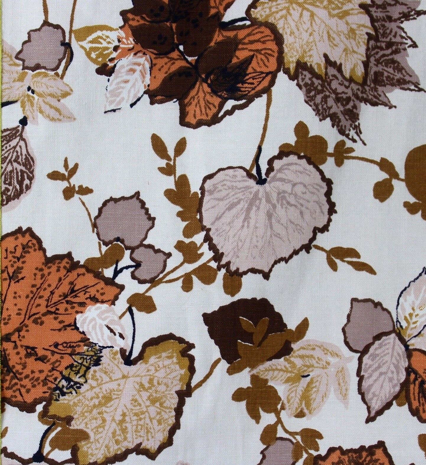 Mid Century 1960 Cotton Curtain Fabric Brown Leaves 48 X 42 Panel Cutter 