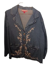 Tudor Court Jean Jacket  Large, Flower Embroidery Brass Button Granny Core