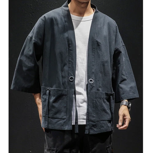 Men Jacket Outerwear Japanese Coat Yukata Kimono Linen Loose Sleeve Casual Tops - Bild 8 von 18