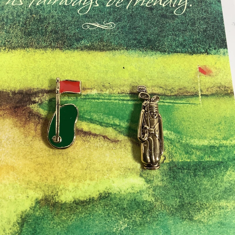 Pin Pair  Hallmark Enamel Green Fairways w/ Flag & Gold Tone Golf Bag Tie Tacks - Image 2 of 3