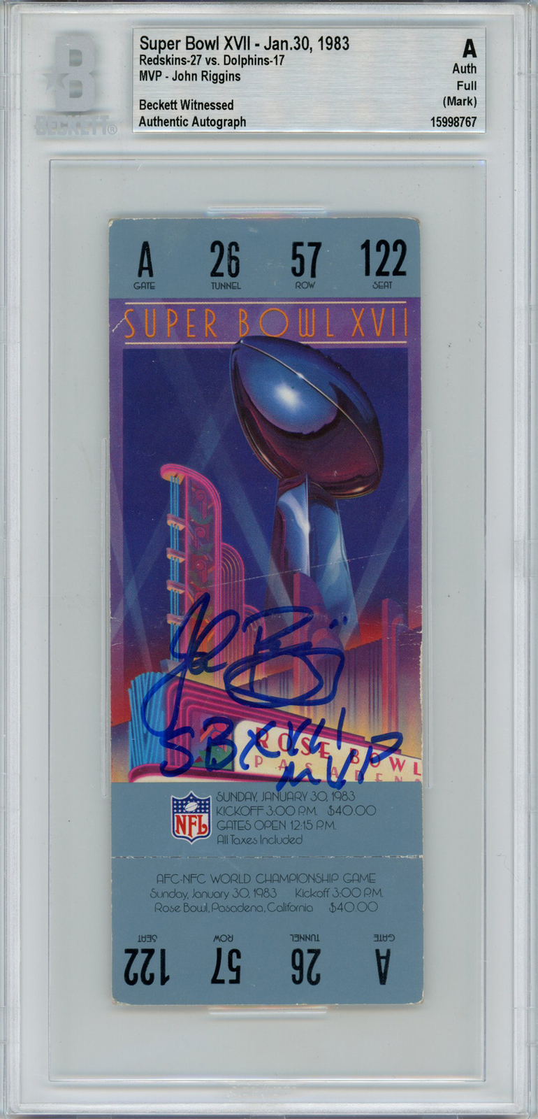 John Riggins Autographed Signed Super Bowl Xvii Full Ticket Sb MVP Beckett Slab 42985 