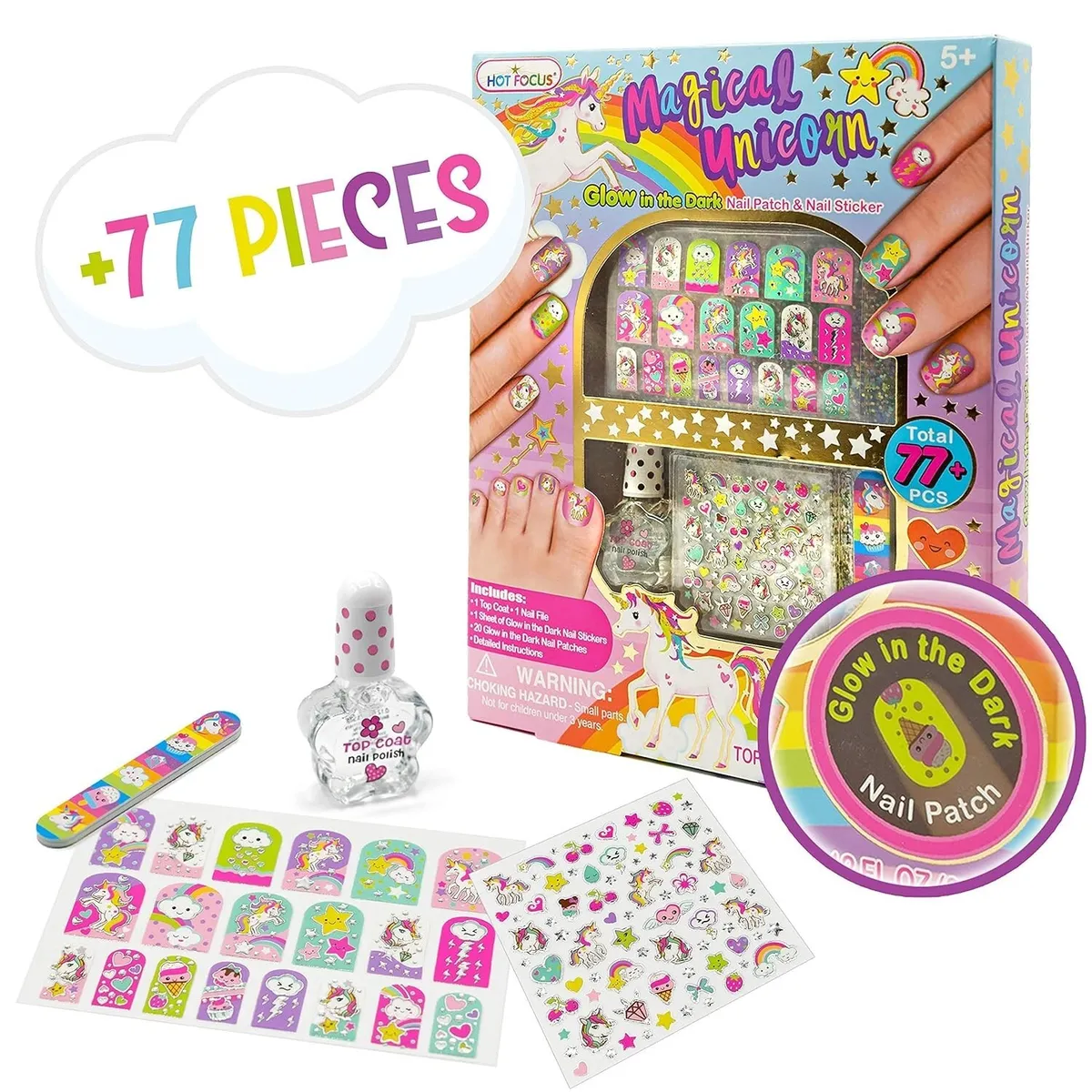 Hot Focus Unicorn Nail Art Kit- Glow in The Dark Nail Polish,Patches,Sticker,Nail File for Kids