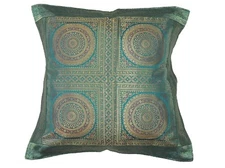 Teal Mandala Decorative Pillow Cover - 26" Gold Zari Floor Cushion Bed Euro Sham